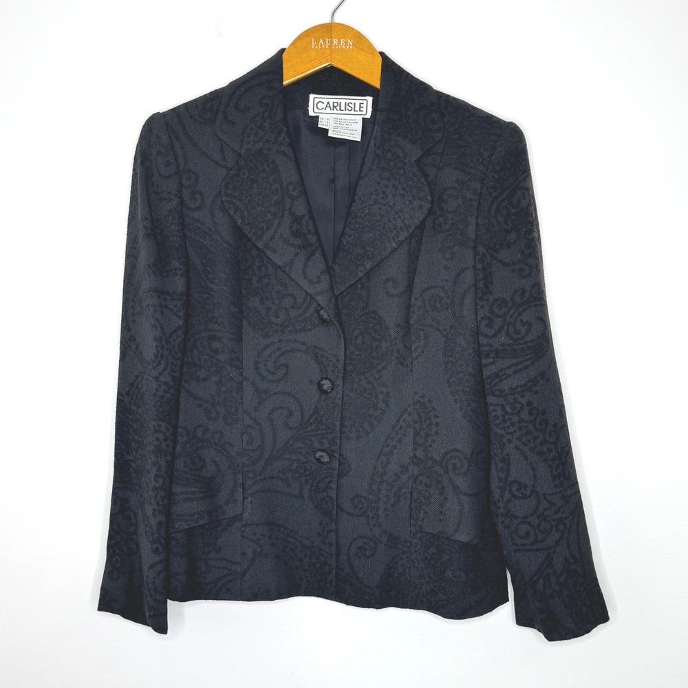 Vintage Carlisle wool blend black blazer tonal paisley design Size 6‎